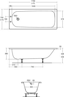 Sandringham 21 Steel Bath 1700 X 700mm  2 Taphole, No Grips (White)