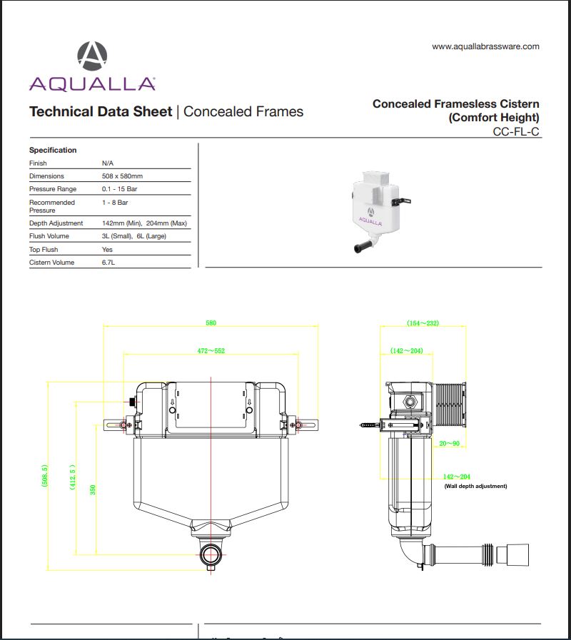 Aqualla Concealed Frameless Cistern - Compact Height (Front or Top Flush)