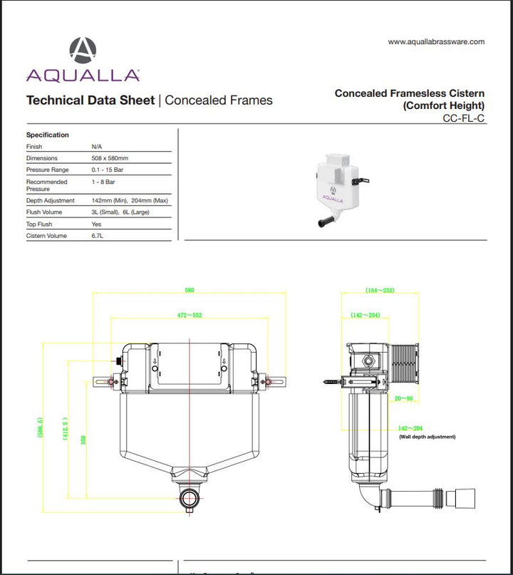 Aqualla Concealed Frameless Cistern - Compact Height (Front or Top Flush)