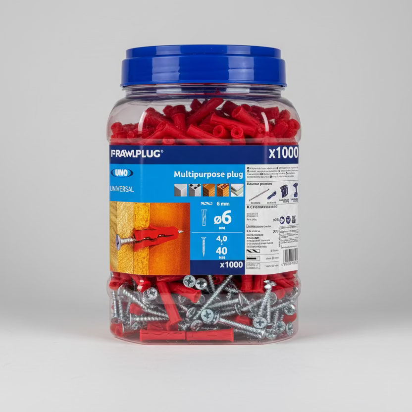 Rawlplug Uno Universal Plug Red (6mm) c/w 4.0 x 40 screws [Jar of 500]