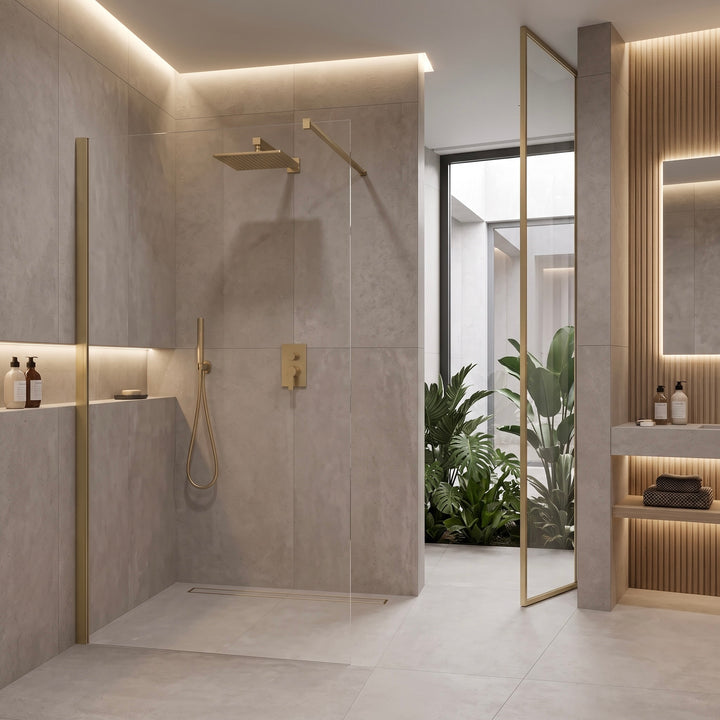 Velora 8mm Brushed Gold Wetroom Glass Panel