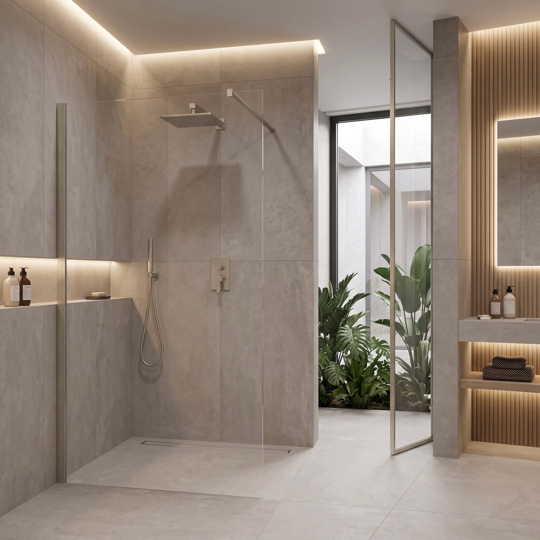 Velora 8mm Brushed Nickel Wetroom Glass Panel