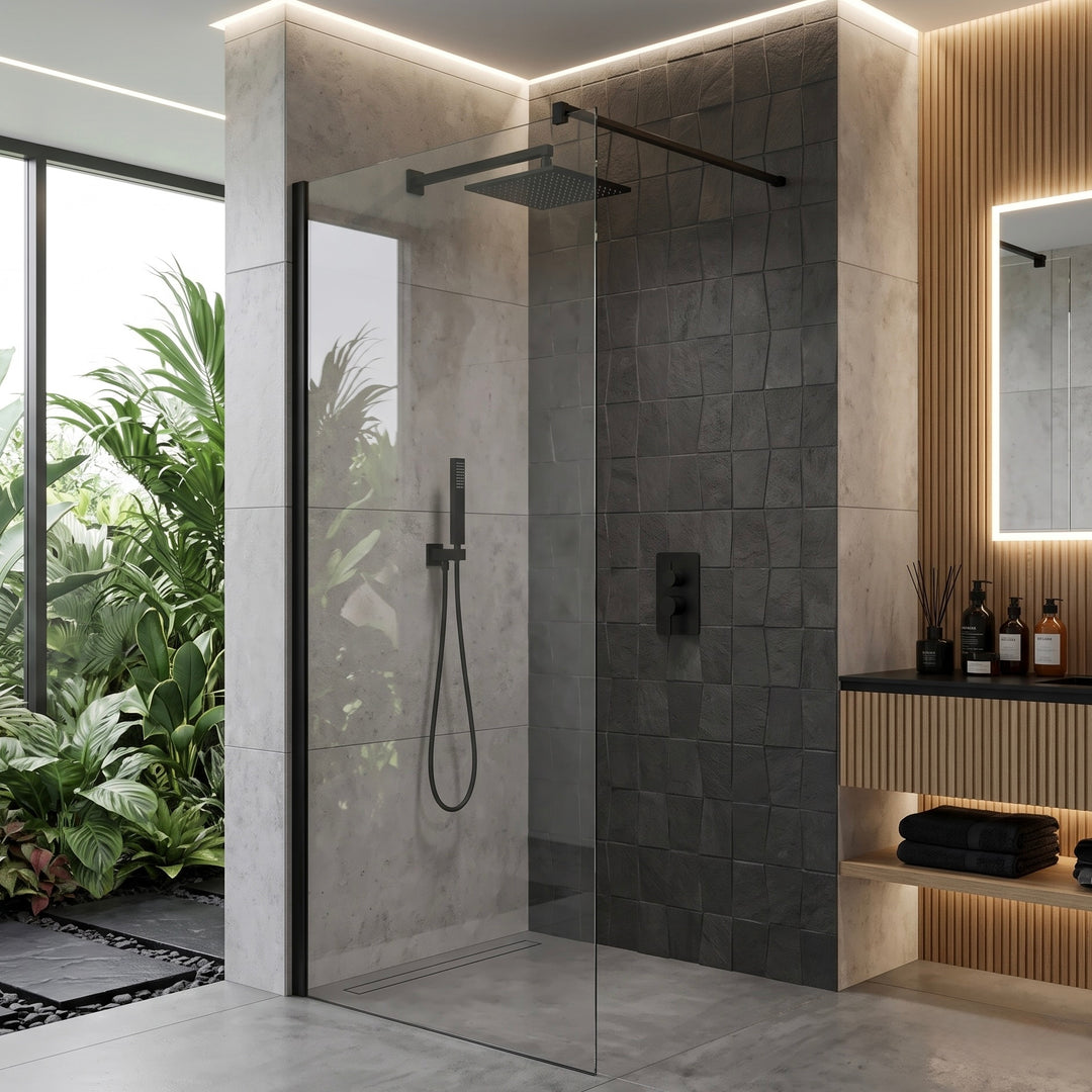 Velora 8mm Matt Black Wetroom Glass Panel